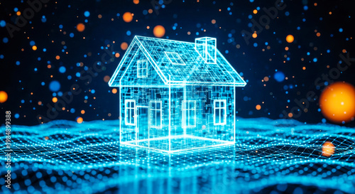 Digital representation of a glowing blue wireframe house standing on an abstract futuristic network grid, symbolizing smart home technology, innovation, and interconnected real estate 
