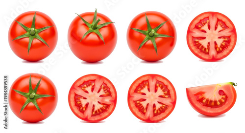 A vibrant collection of fresh red tomatoes, featuring whole ripe fruits, perfectly cut halves, and a juicy wedge, showcasing healthy produce on transparent background. on PNG background