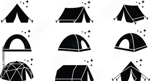 Verschiedene schwarze Silhouetten von Campingzelten mit funkelnden Sternen.