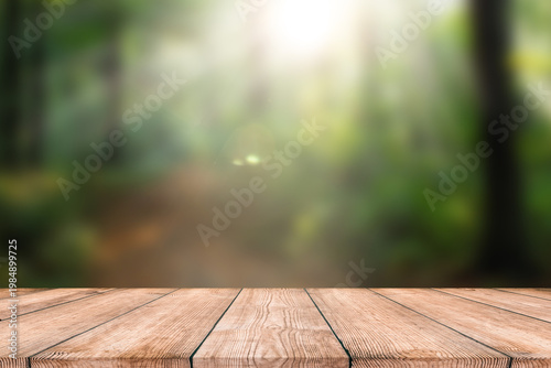 Photos Beautiful blurred boreal forest background view with empty rustic wooden table for mockup product display