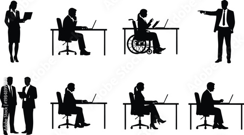 Inclusive business people silhouettes featuring office employees working on laptops and person in wheelchair for corporate diversity and workspace design vector.