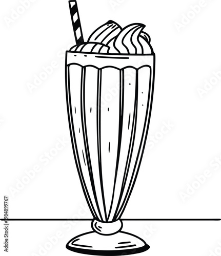 Milkshake, creamy dessert, black and white illustration, vector icon, food and drink