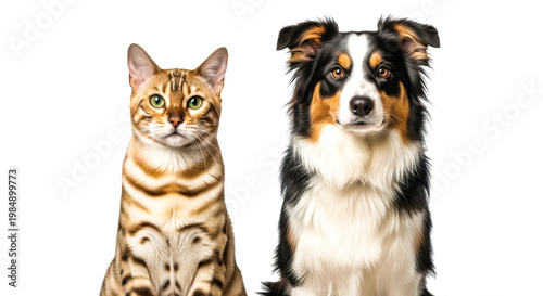 Captivating close-up portrait of a beautiful domestic bengal cat with bright green eyes and a loyal, intelligent miniature australian shepherd dog sitting together on transparent background. on transp
