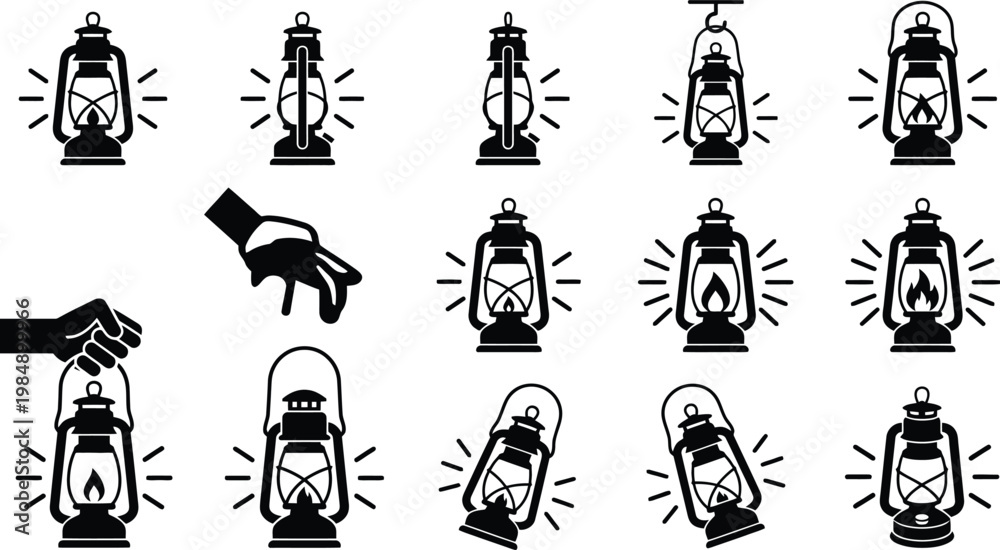 Obraz premium Eine Sammlung von Vektor-Icons, die verschiedene Petroleumlampen und Laternen in unterschiedlichen Posen und Zuständen darstellen.