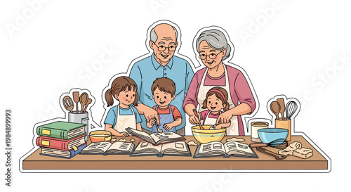 family baking together in kitchen with children and grandparents