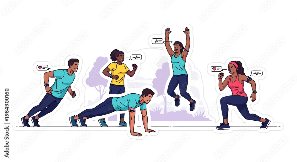 Fototapeta premium Diverse people exercising outdoors in various fitness poses