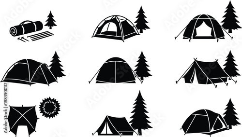 Verschiedene Silhouetten von Campingzelten und Kiefern für Outdoor-Abenteuer.