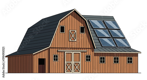 Solar powered modern rustic wooden barn house with black roof