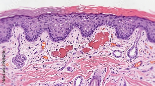 Skin histology showing dermis and epidermis with abnormal deposits, pathology concept