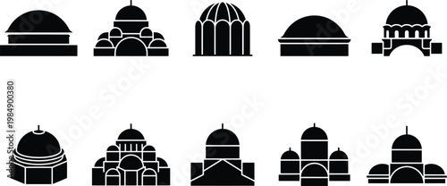 Verschiedene schwarze Silhouetten von Kuppeln und Sakralbauten auf weißem Hintergrund.