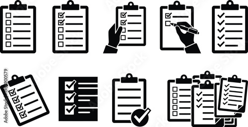 Sammlung von Piktogrammen und Symbolen zum Thema Checklisten, Aufgaben und Erledigung.