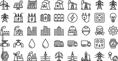 Energy and Power Line Icon Set with Electricity, Renewable Sources, Industrial Plants, Transmission, Oil, Gas, and Utility Infrastructure Symbols for Web and App Design