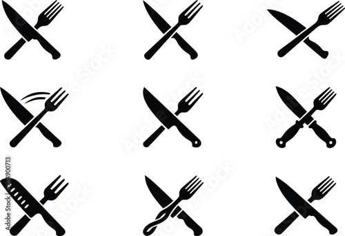 Neun verschiedene Schwarz-Weiß-Symbole von gekreuzten Messer und Gabeln, die Besteck und Esskultur darstellen.