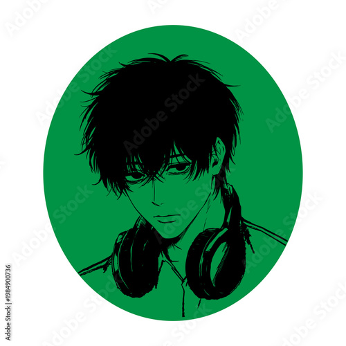 Monochrome Manga Illustration of a Young Man with Messy Dark Hair and Large Headphones in a Pensive Pose