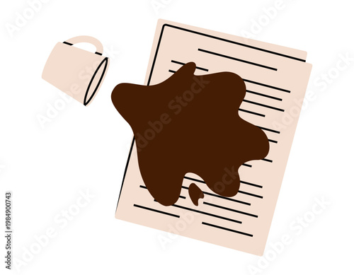 Hand drawn illustration of damaged paper document with stain. Flat vector spilled coffee on table with files sticker doodle. Make a mistake icon. Isolated.