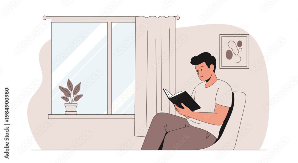 Fototapeta premium Man Reading Book Relaxing Indoors Near Window