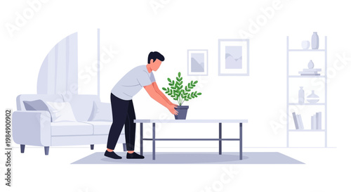 Man placing potted plant on coffee table in modern living room, home decor