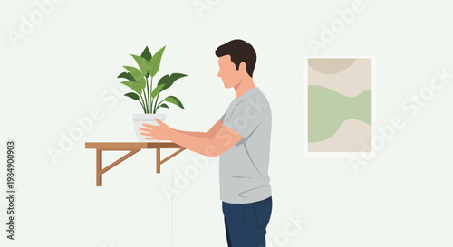 Man placing potted plant on wall shelf, home decor, indoor gardening concept