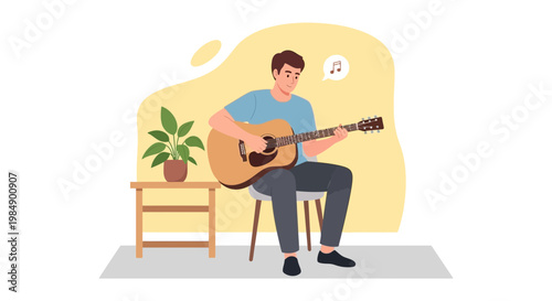 Man playing acoustic guitar at home, enjoying music and learning chords, relaxed hobby