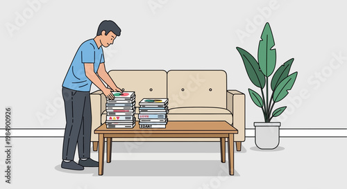 Man organizing stack of magazines on coffee table in living room with couch and plant