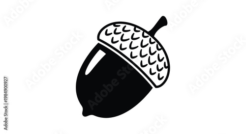 Simple black and white illustration of a single acorn with detailed cap