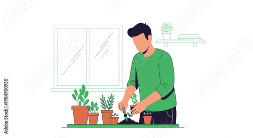 Man planting seedlings in pots on a windowsill, home gardening hobby