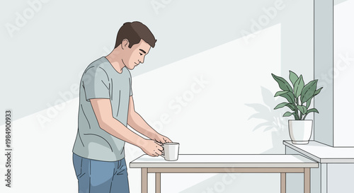 Man preparing coffee at a table with a plant in the background