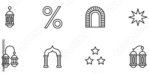 Islamic Ramadan Kareem Line Icon Set with Lanterns, Stars, and Arches