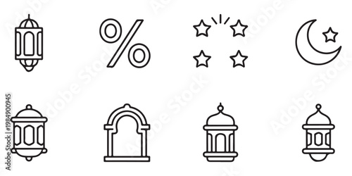 Ramadan and Eid Mubarak Line Icon Collection with Crescent Moon and Lanterns