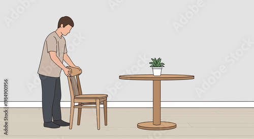 Man pushing chair to table, interior scene, simple furniture, home or cafe setting