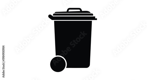 Simple black silhouette of a trash can with a closing lid and wheels