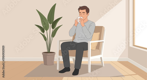 Man Relaxing in Armchair Drinking Hot Beverage, Cozy Home Interior with Plant