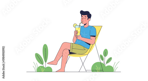 Man relaxing in a deck chair, drinking a refreshing cocktail outdoors.