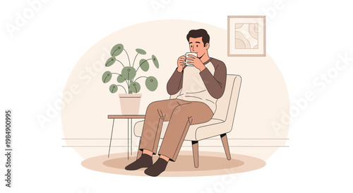 Man Relaxing in Armchair with Coffee Cup, Cozy Home Interior with Plant