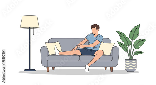 Man Stretching Legs on Sofa at Home, Relaxing Lifestyle