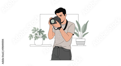 Man taking photo with camera, indoor hobby, creative pursuit, modern lifestyle