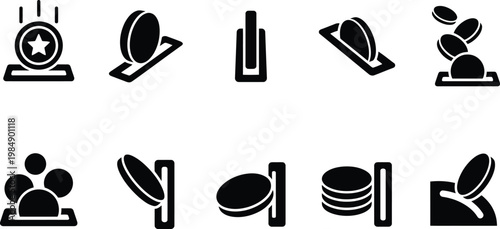 Verschiedene Symbole und Piktogramme, die Münzen, Geldeinwurf und Finanztransaktionen in einem minimalistischen Stil darstellen.