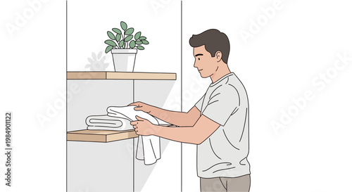 Man tidying folded towels on a shelf, home organization, domestic chores, clean living