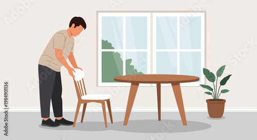 Man tidying up a dining room, placing a chair at a wooden table near a window.