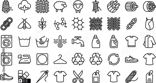 Textile and Laundry Line Icon Set with Fabric, Yarn, Clothing, Washing, Recycling, Sewing Tools, and Sustainable Fashion Symbols for Web and App Design