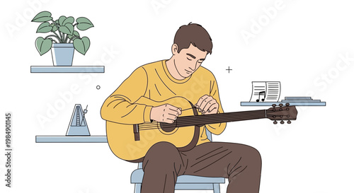 Man tuning acoustic guitar at home, practicing music, hobby, lifestyle