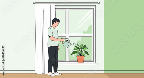 Man watering a houseplant by the window, home gardening, healthy lifestyle