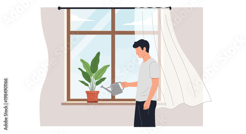 Man watering a houseplant by the window, gentle breeze blowing curtains