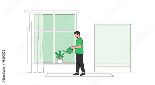 Man watering a potted plant by the window, home gardening, healthy lifestyle