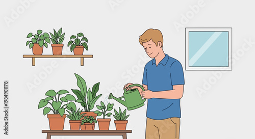 Man watering houseplants indoors, enjoying a peaceful hobby and home gardening.