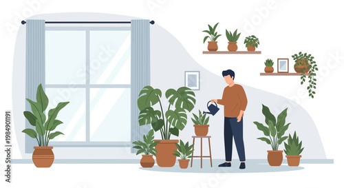 Man watering houseplants in a bright room with large window, home gardening hobby