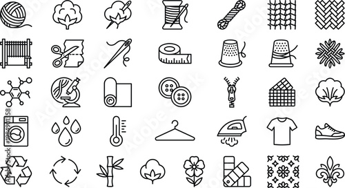 Sewing and Textile Line Icon Set with Yarn, Fabric, Knitting, Tailoring Tools, Clothing, Recycling, and Fashion Production Symbols for Web and App Design