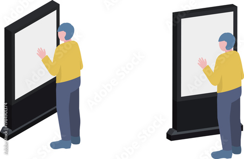 Isometric Person Using Digital Signage (Touchscreen Advertising Display)