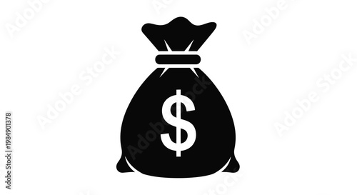 Simple black icon depicting a bag with a dollar sign on it