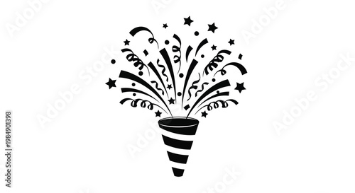 Black and white illustration of a party popper with bursting confetti and stars
